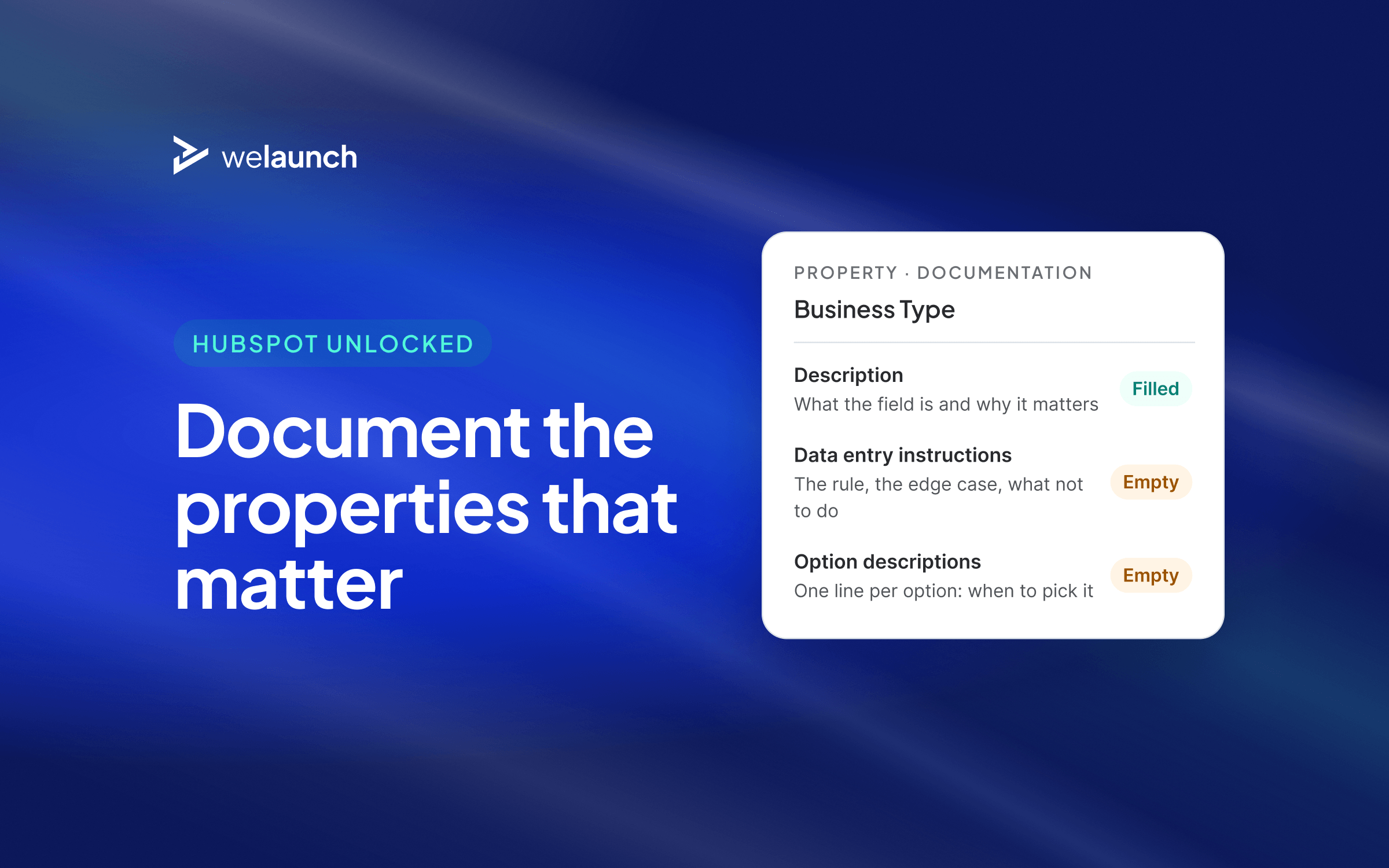Cover: a HubSpot property, Business Type, with its description filled and its data entry instructions and option descriptions empty.